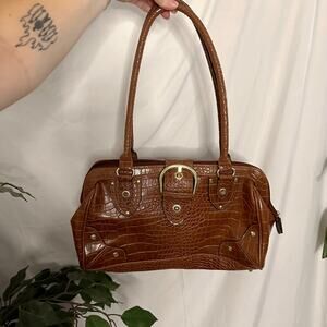 Brown Leather Croc Embossed Shoulder Bag Purse